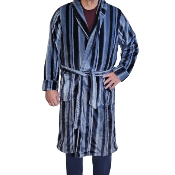 'New' Nordstrom Rack Plush Mens Robe Patterned Striped Blue/Gry Pockets Size M/L - Picture 3 of 4